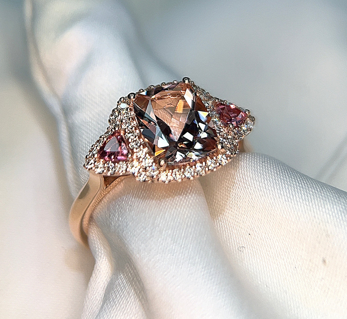 Morganite and diamond halo cushion ring 2025