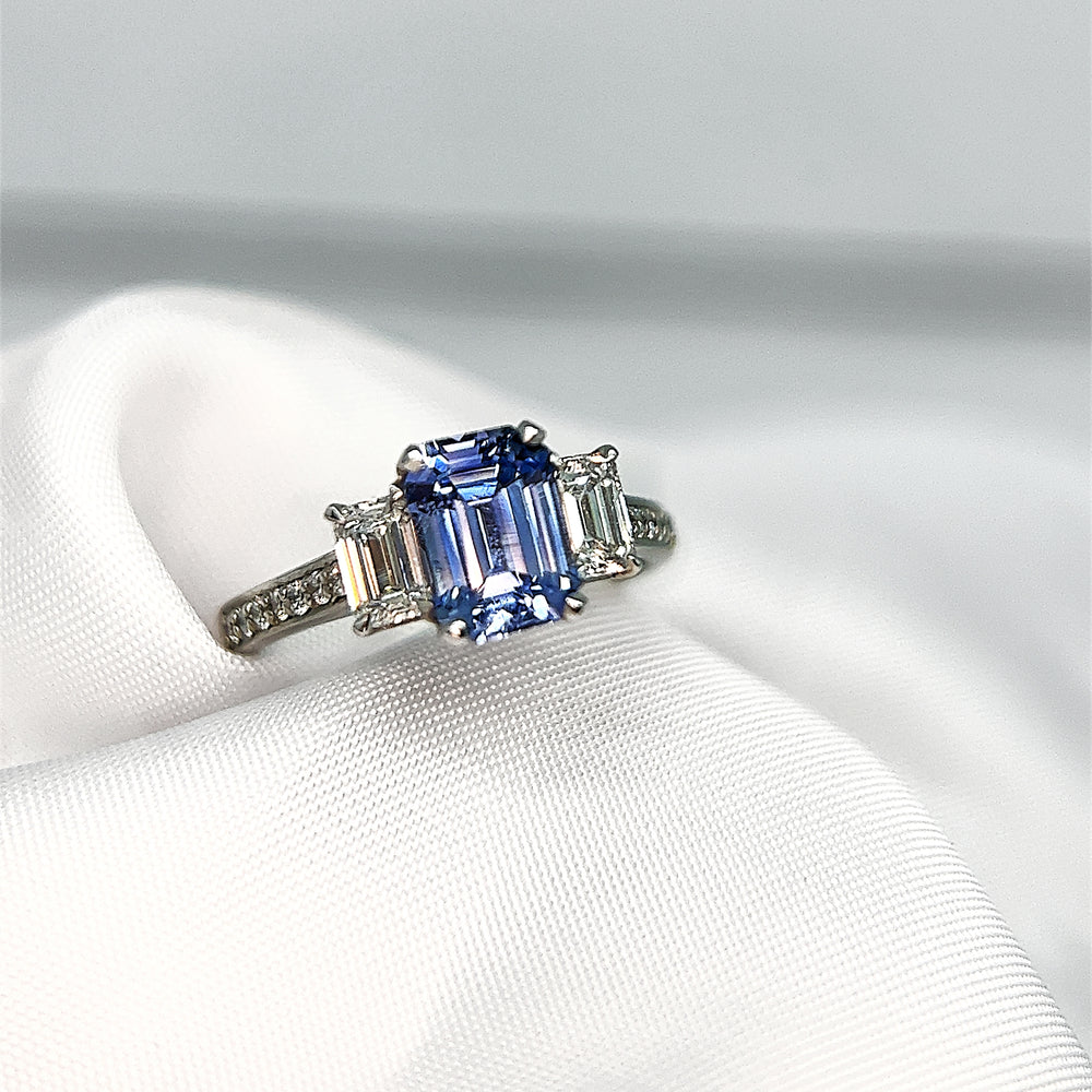 Emerald Cut Sapphire and Diamond Three Stone