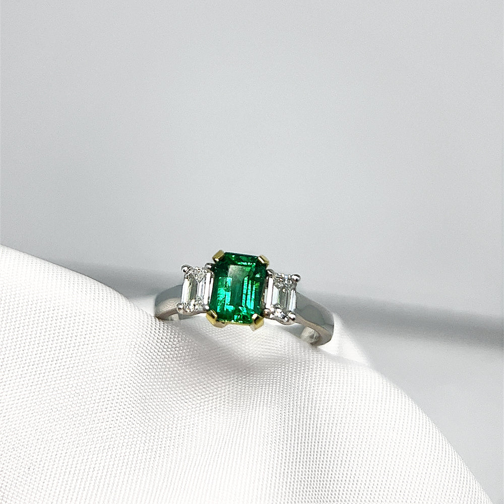 Emerald and Diamond Three Stone Ring