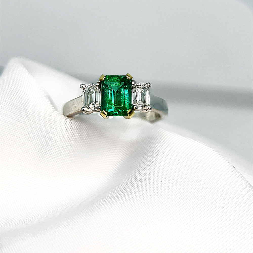 
            
                Load image into Gallery viewer, Emerald and Diamond Three Stone Ring
            
        