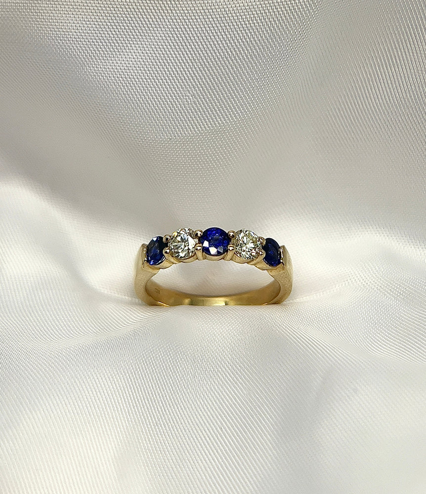 Alternating Sapphire and Diamonds Wedding Band Yellow Gold, Blue Sapphire  Mens Wedding Ring, Unisex Anniversary Ring, 0.81 Carat 6 mm
