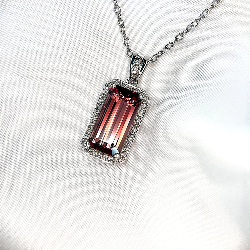 Raspberry Pink Zircon and Diamond Halo Pendant