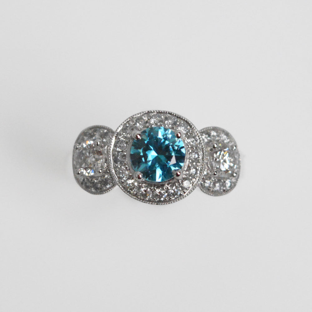 Blue Zircon & Diamond Three Stone Ring