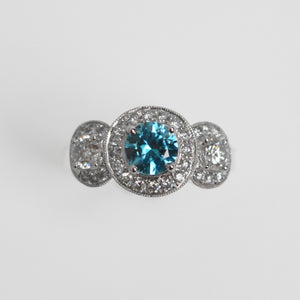 Blue Zircon & Diamond Three Stone Ring