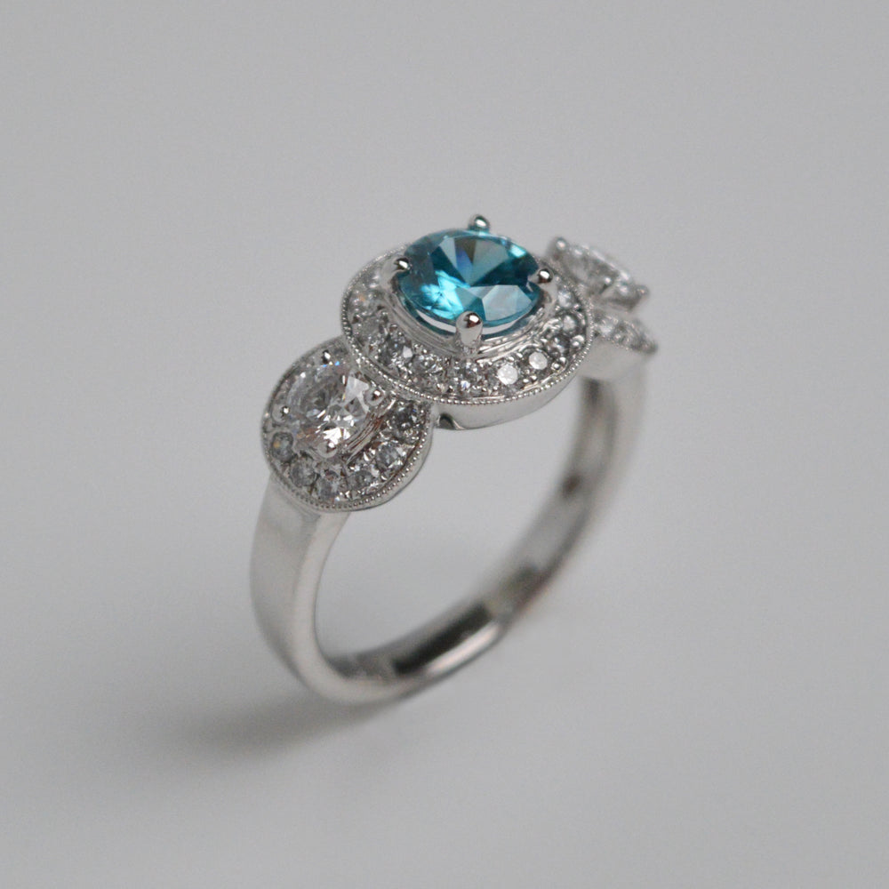 Blue Zircon & Diamond Three Stone Ring