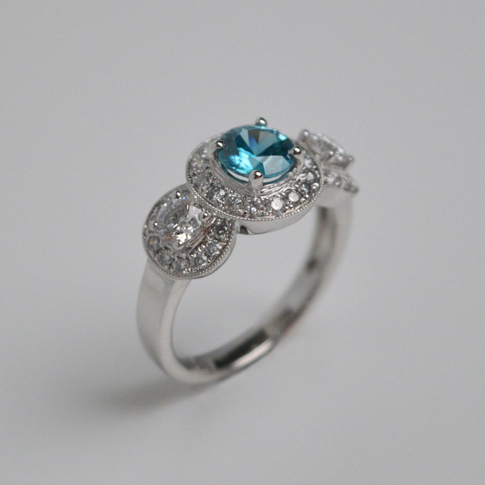 
            
                Load image into Gallery viewer, Blue Zircon &amp;amp; Diamond Three Stone Ring
            
        