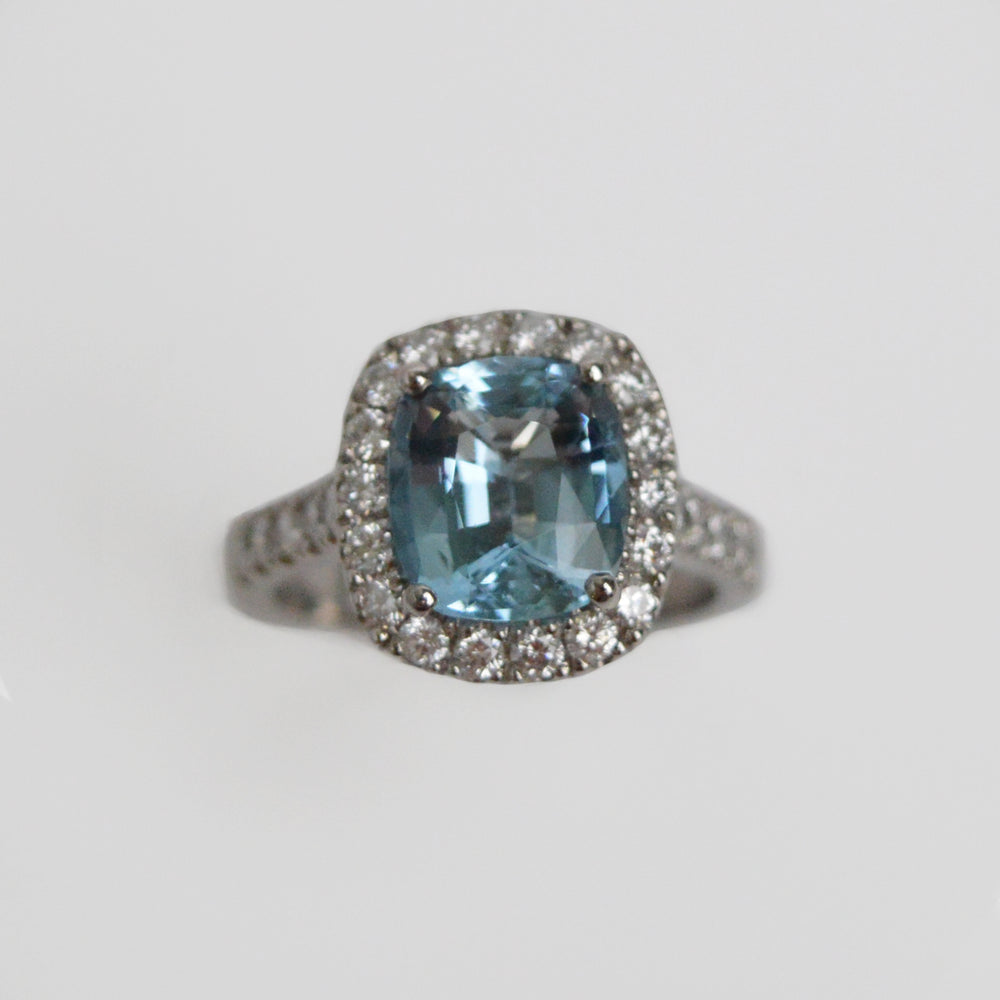 
            
                Load image into Gallery viewer, Aquamarine &amp;amp; Diamond Halo Ring
            
        