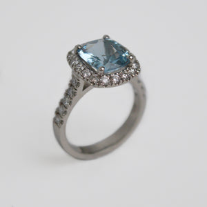 
            
                Load image into Gallery viewer, Aquamarine &amp;amp; Diamond Halo Ring
            
        
