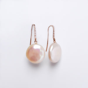 
            
                Load image into Gallery viewer, Diamond &amp;amp; Fresh Water &amp;#39;Coin&amp;#39; Pearl Drop Earrings
            
        